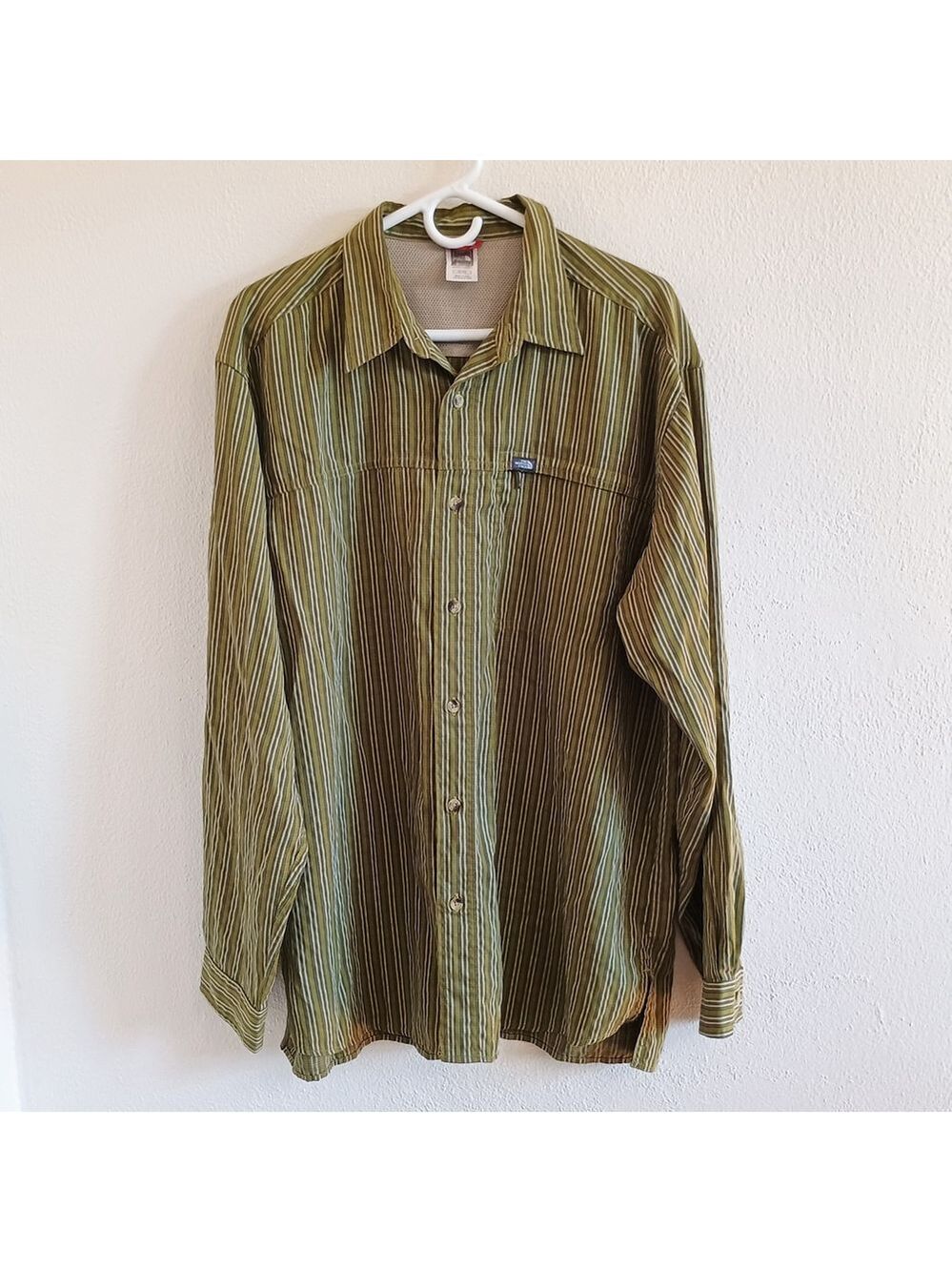 The North Face Green Striped Roll Tab Long Sleeve Outdoor Button Shirt XL